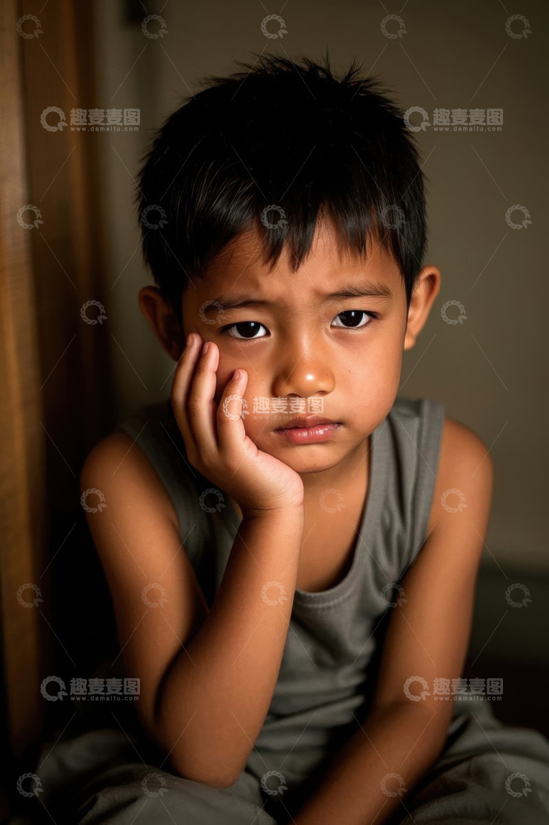 高清大图下载【趣麦麦图】忧郁的小男孩独自一人坐着