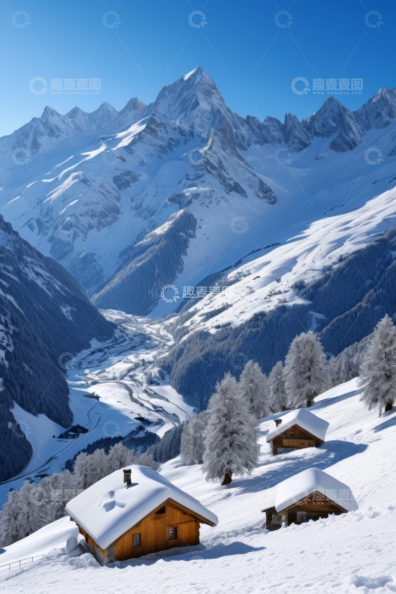 高清大图下载【趣麦麦图】雪山下被积雪覆盖的山间木屋