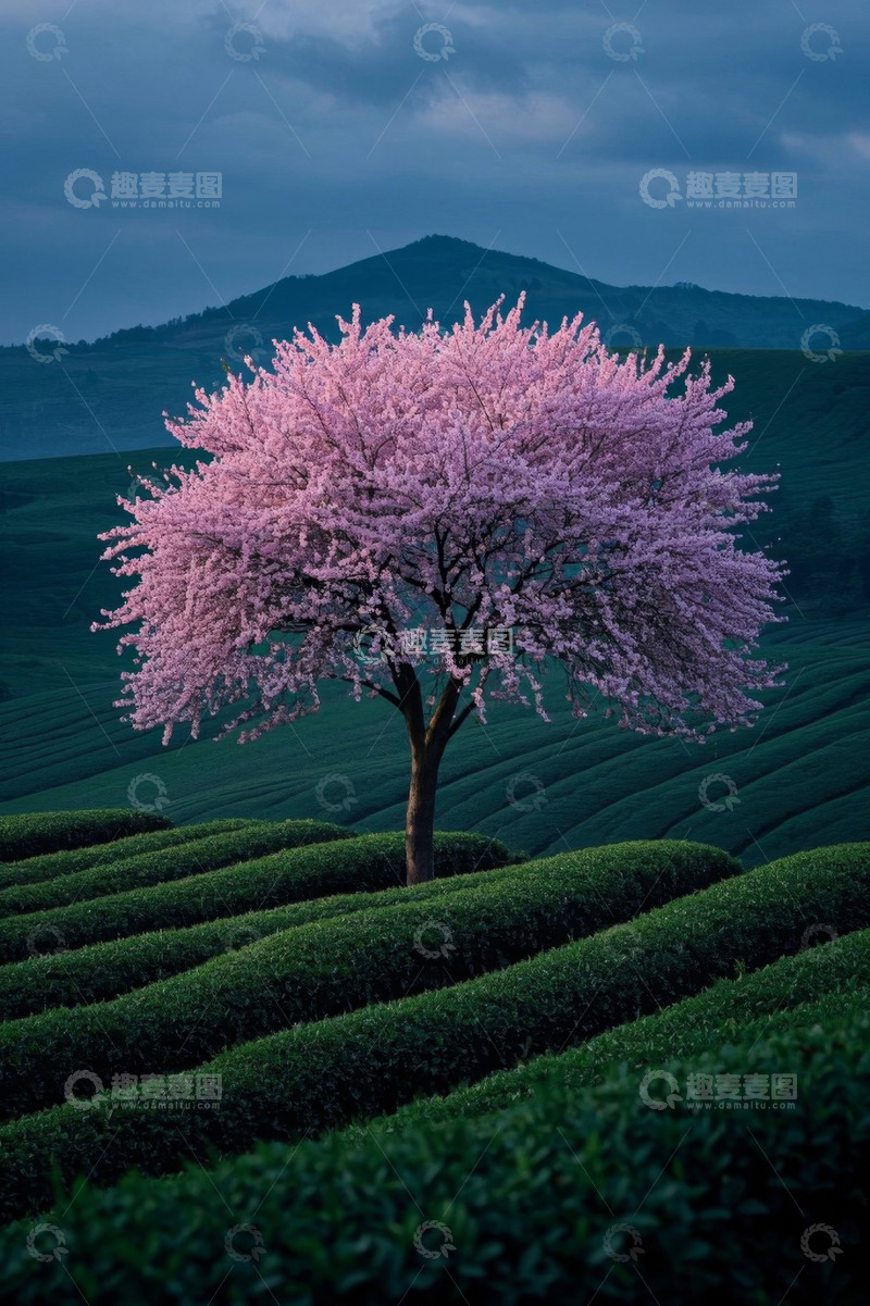 高清大图下载【趣麦麦图】茶园中的盛开樱花树