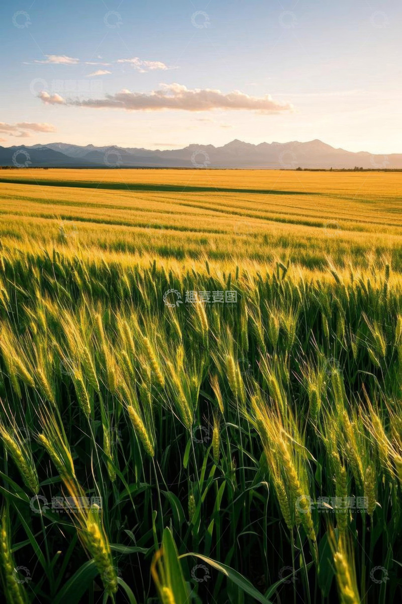 高清大图下载【趣麦麦图】金色麦田与远处山脉风光