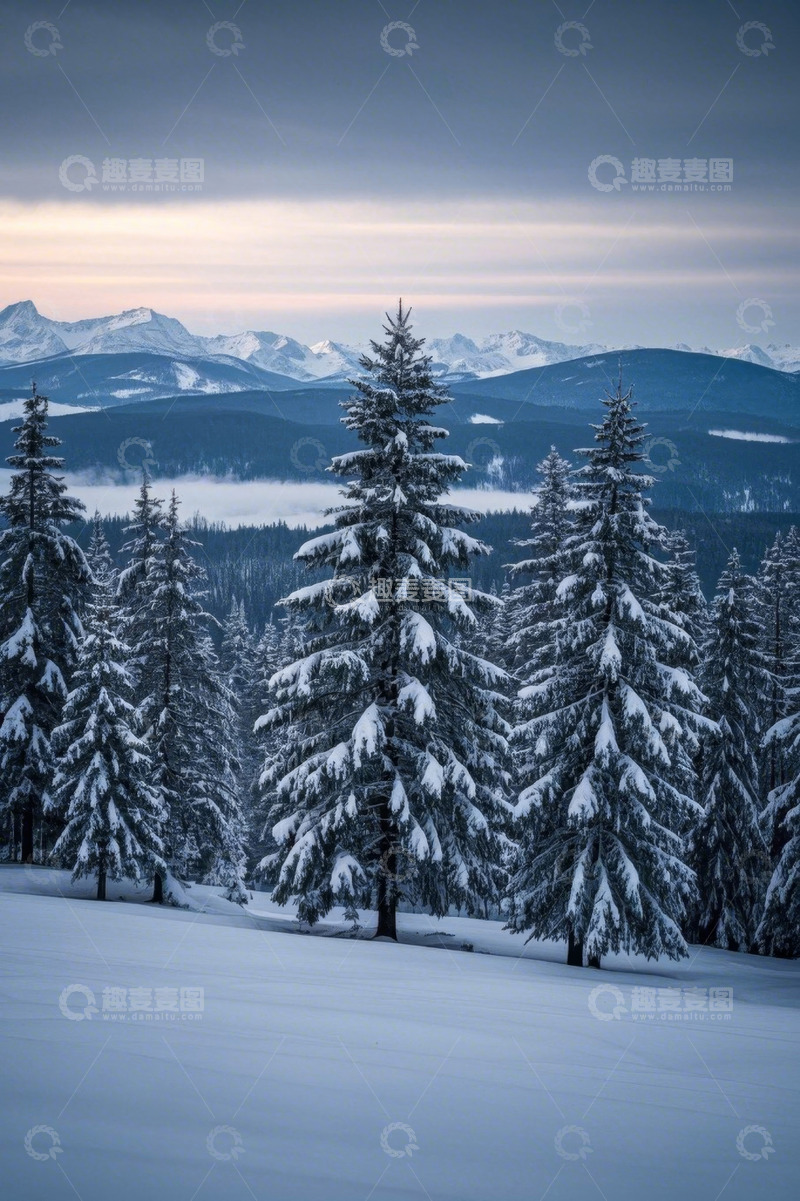 高清大图下载【趣麦麦图】雪覆山林与远山的自然景观