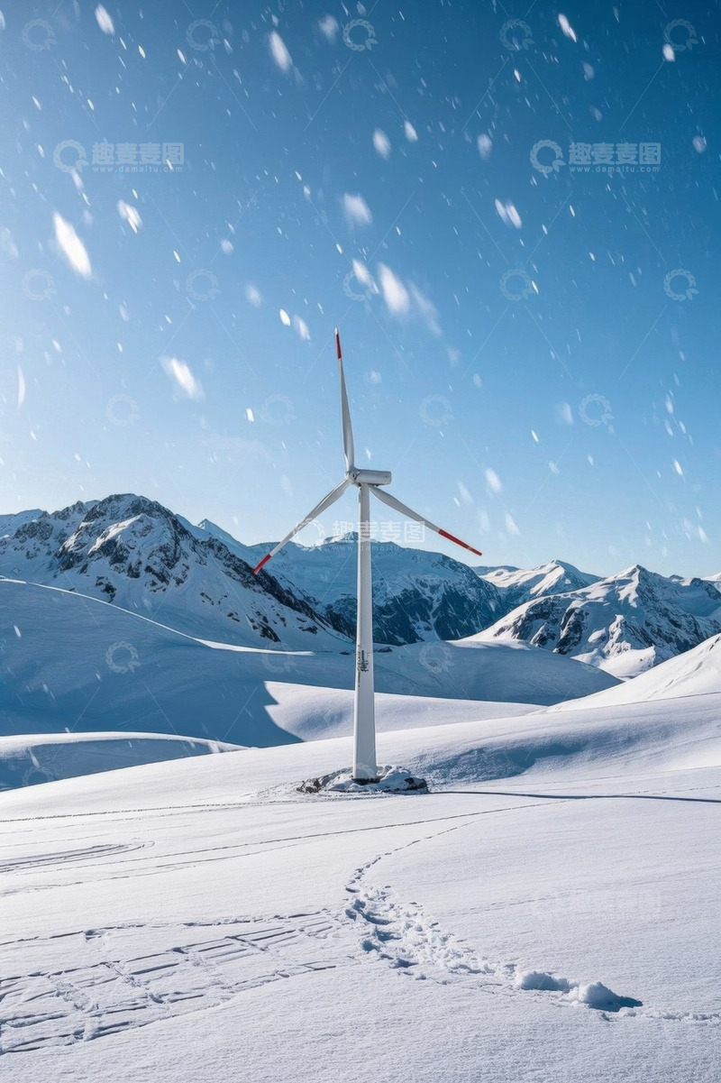 高清大图下载【趣麦麦图】雪山中风力发电机雪景