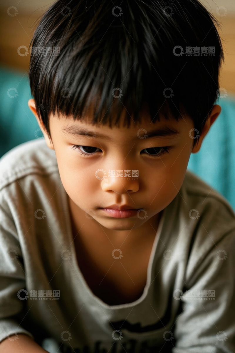 高清大图下载【趣麦麦图】忧郁的小男孩低头沉思