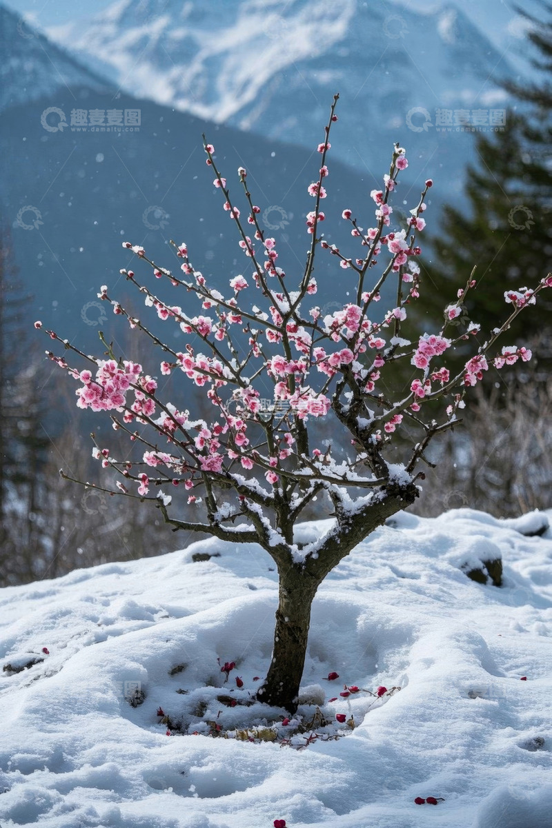 高清大图下载【趣麦麦图】雪中绽放的粉色梅花树