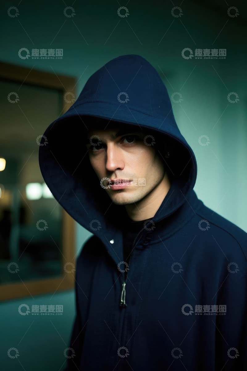 高清大图下载【趣麦麦图】戴帽衫的年轻男子忧郁凝视