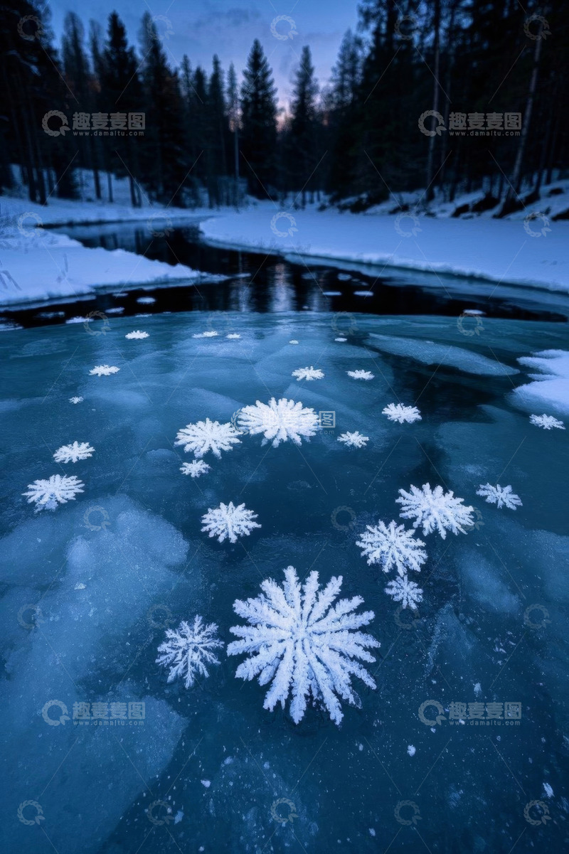 高清大图下载【趣麦麦图】冬季湖面冰上雪花景观