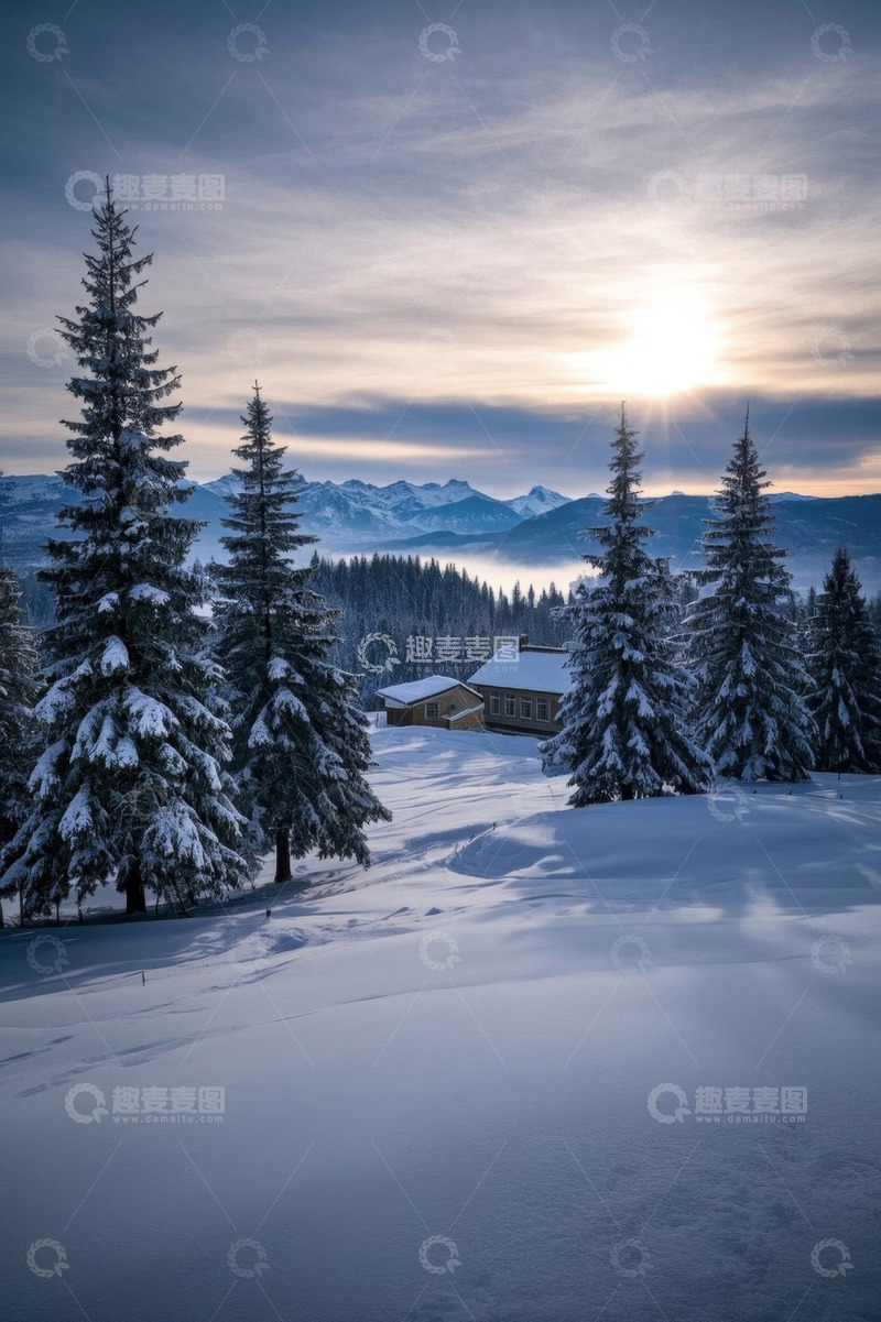 高清大图下载【趣麦麦图】雪后山林中的小屋景观