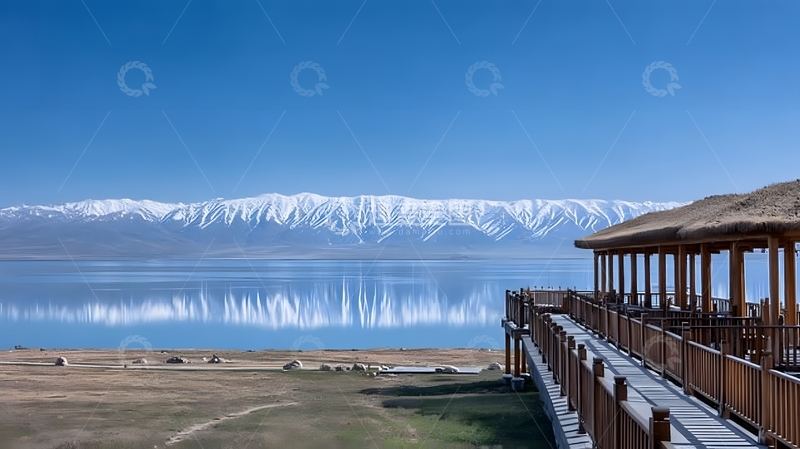 高清大图下载【趣麦麦图】雪山湖畔栈道风光