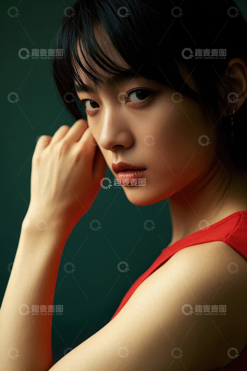 高清大图下载【趣麦麦图】红衣女子侧颜特写眼神魅惑