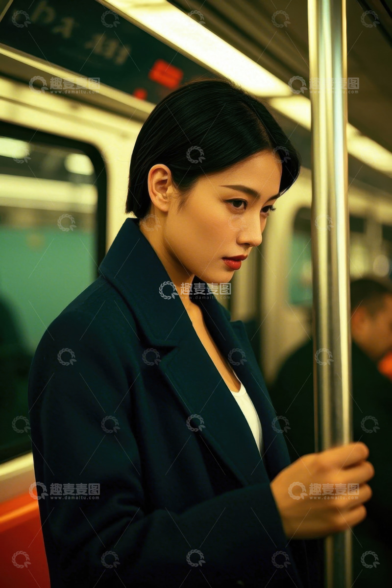 高清大图下载【趣麦麦图】地铁里的年轻女子忧郁凝视