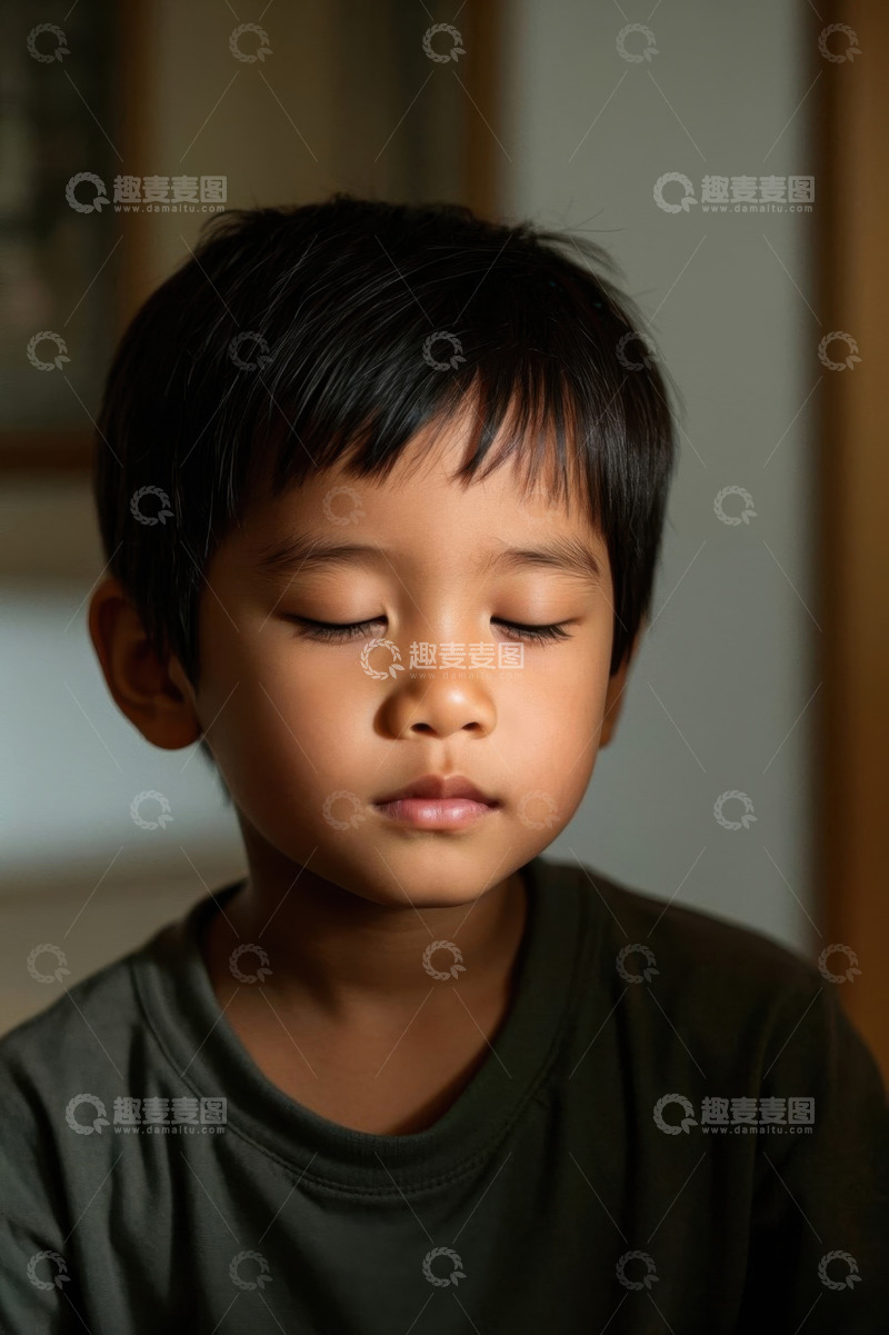 高清大图下载【趣麦麦图】安静闭眼的小男孩肖像