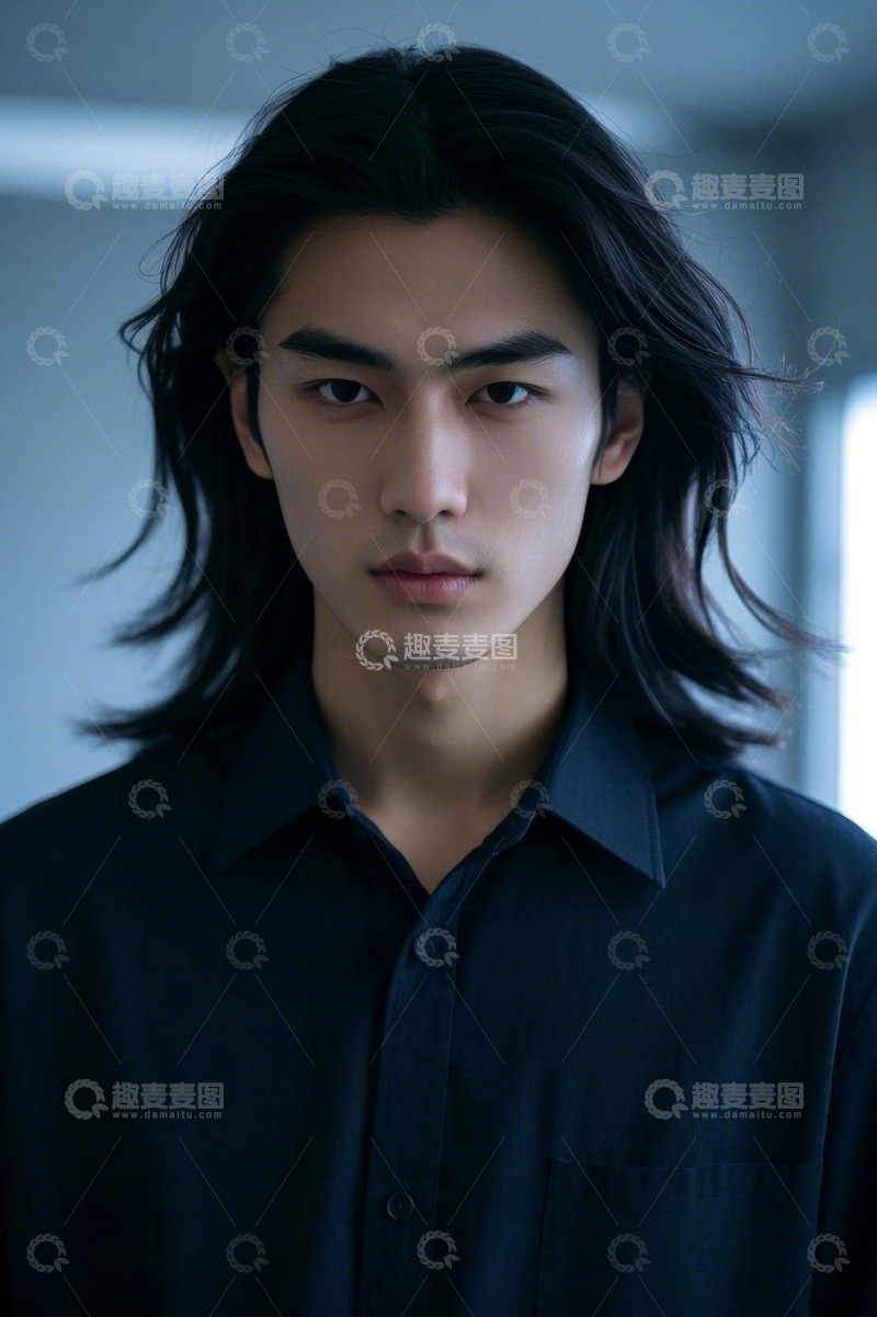 高清大图下载【趣麦麦图】深色衬衫长发亚洲男子肖像