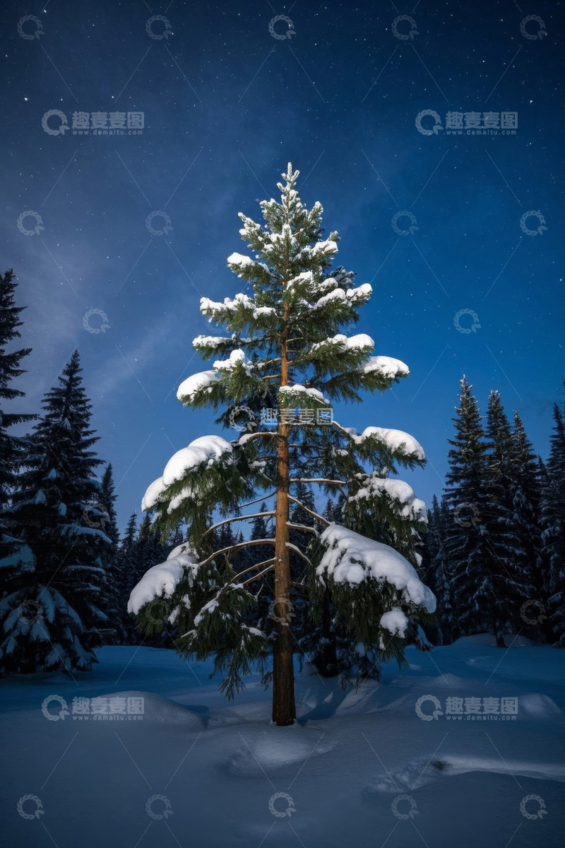 高清大图下载【趣麦麦图】雪夜森林中的孤松