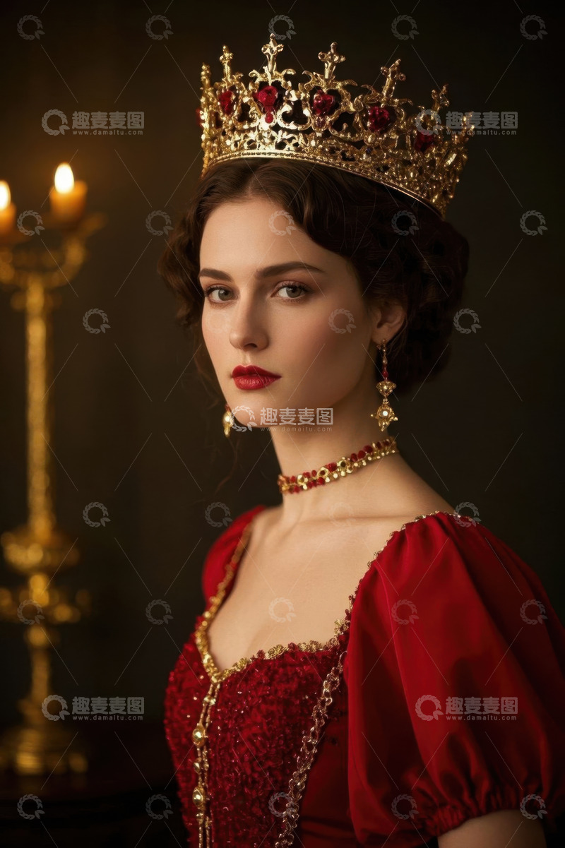 高清大图下载【趣麦麦图】身着红裙戴皇冠的年轻女子