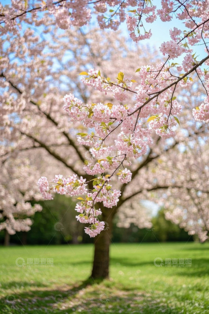高清大图下载【趣麦麦图】盛开的樱花树与草地景观