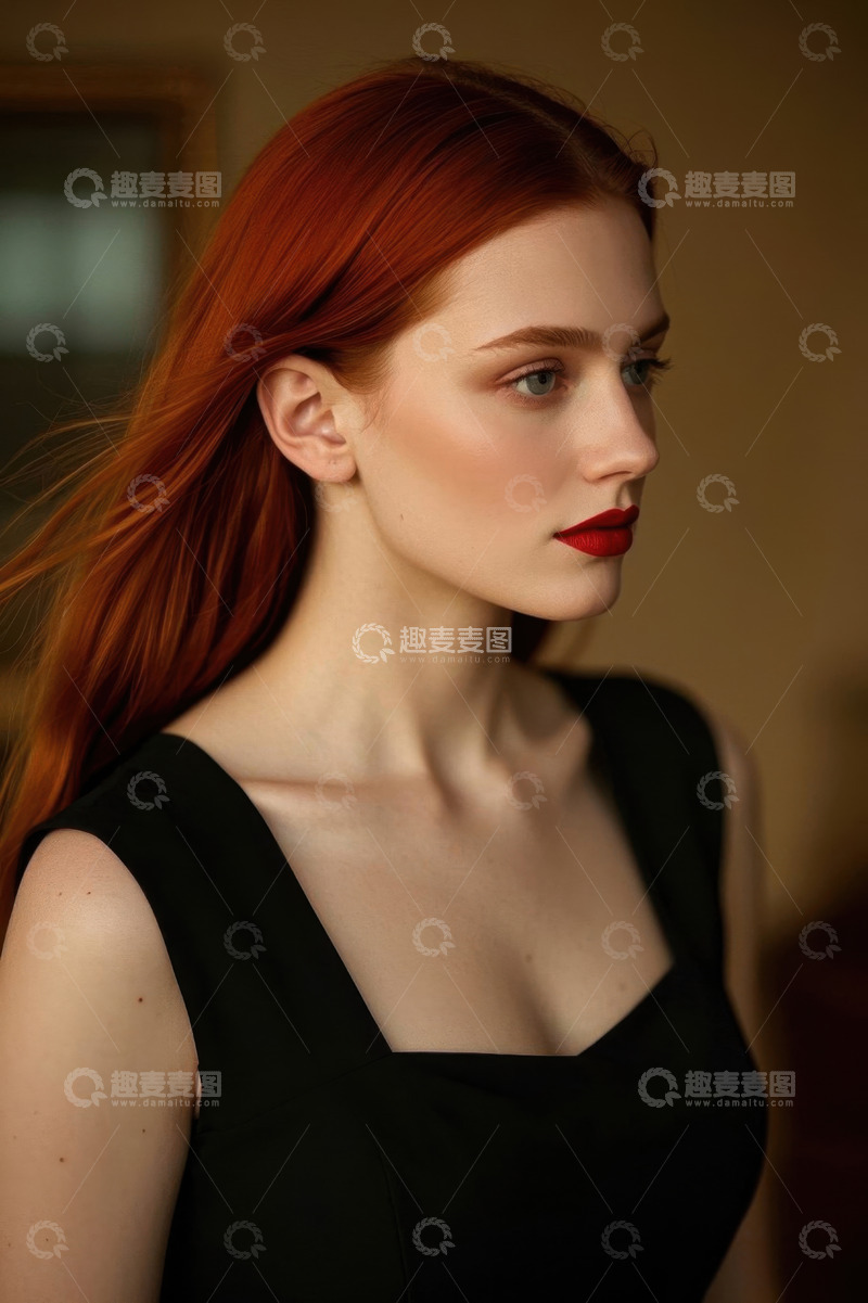 高清大图下载【趣麦麦图】红发女子侧颜照，黑色服装