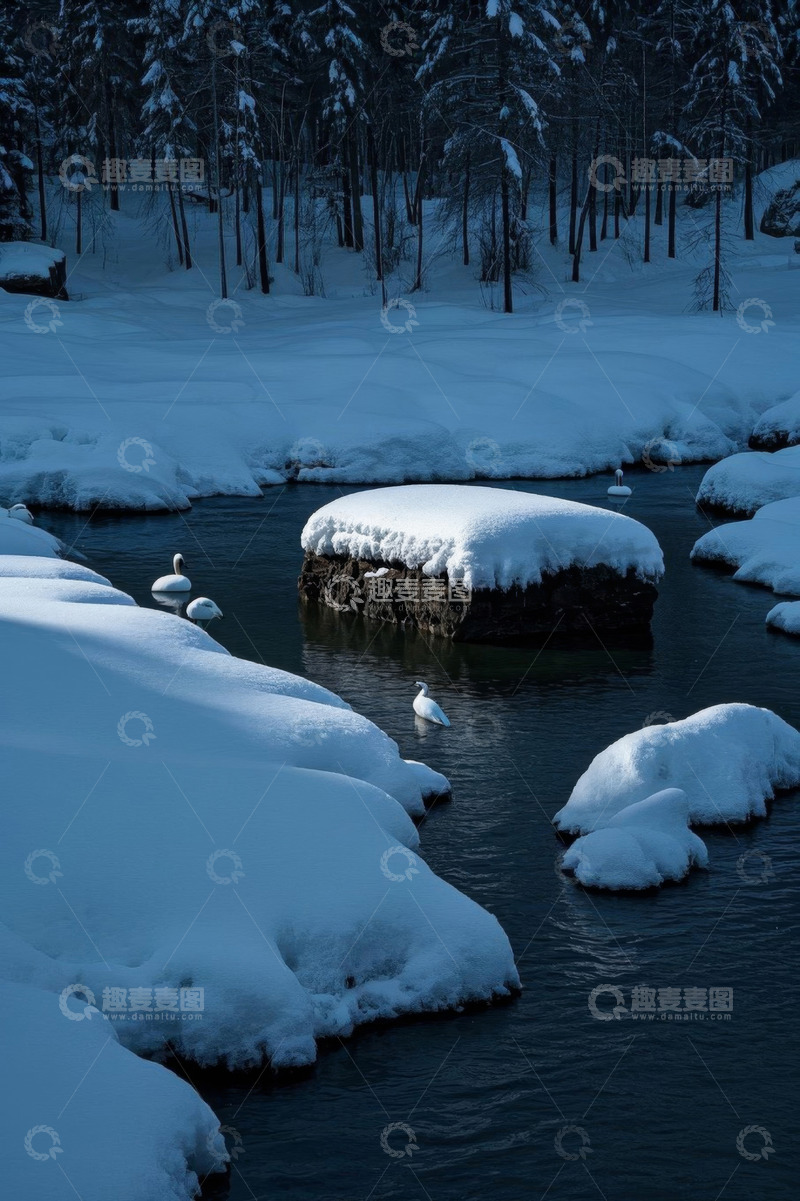 高清大图下载【趣麦麦图】冬日雪覆河流与天鹅景象
