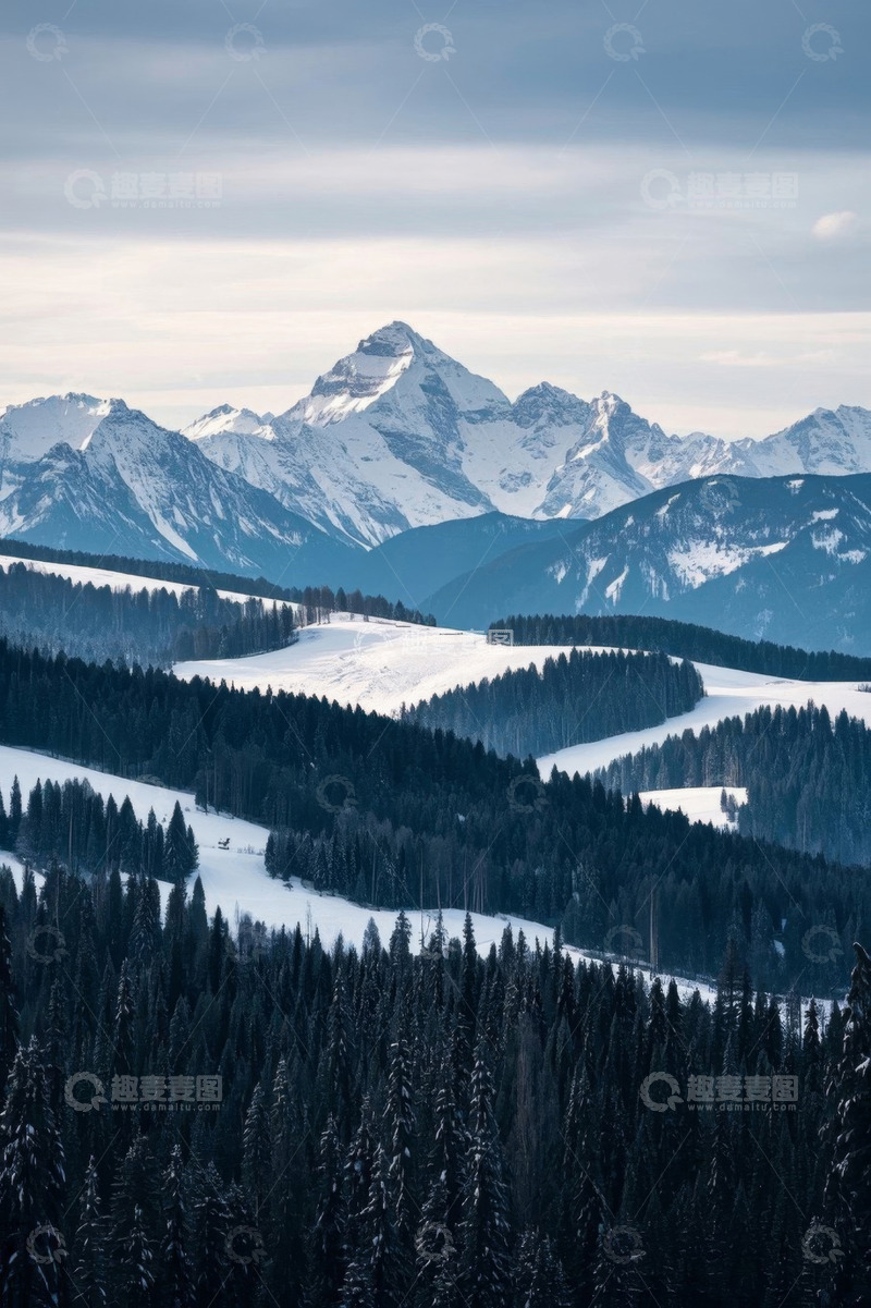高清大图下载【趣麦麦图】雪山森林自然风光全景