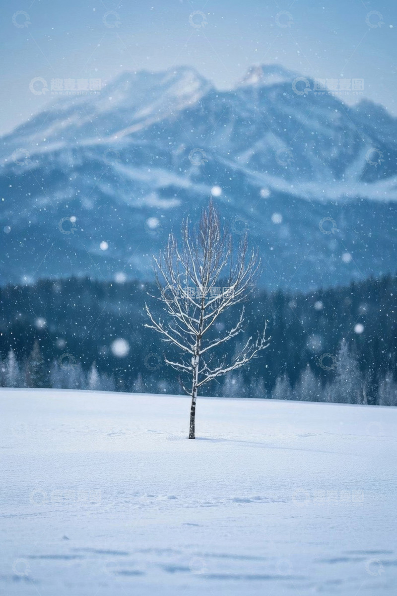 高清大图下载【趣麦麦图】雪中山野孤树雪景