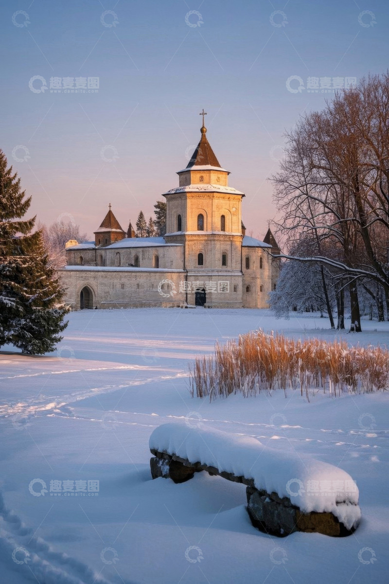 高清大图下载【趣麦麦图】冬日积雪覆盖的古老教堂景观