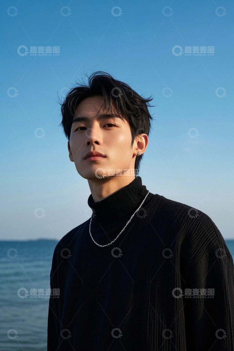 高清大图下载【趣麦麦图】阳光下俊朗青年海边写真