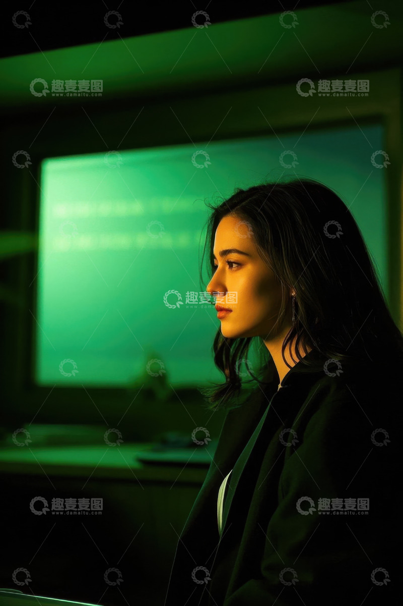 高清大图下载【趣麦麦图】绿光映照下沉思的女子