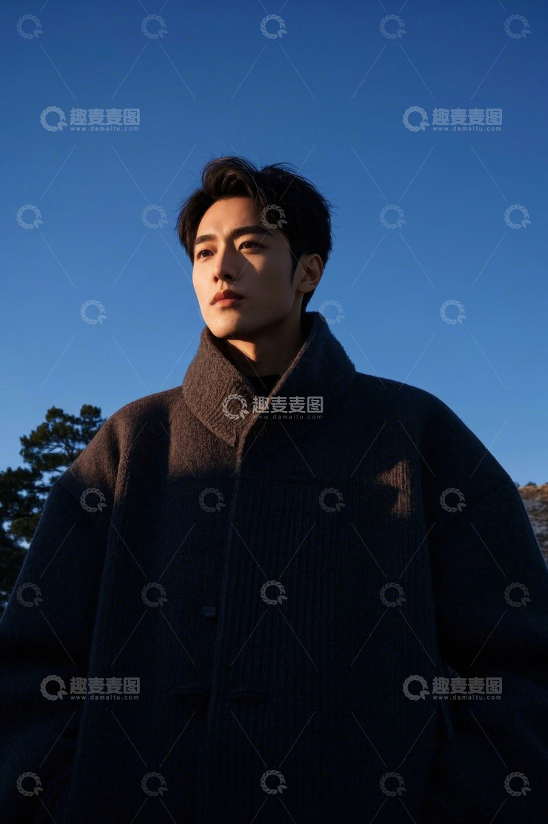 高清大图下载【趣麦麦图】阳光下穿着深色外套的年轻男子