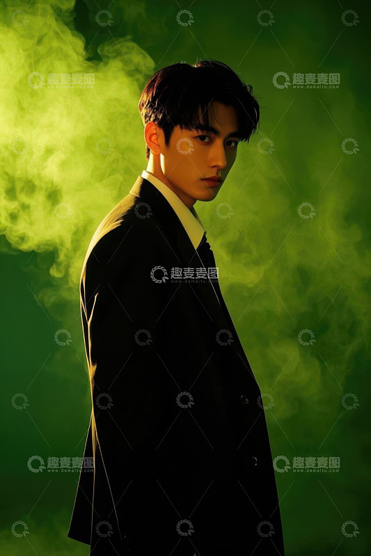 绿色烟雾背景西装男士写真