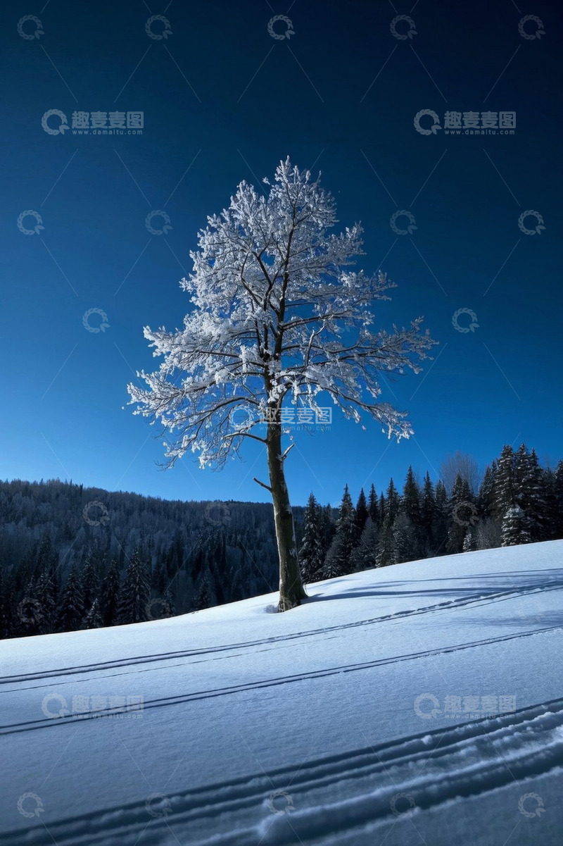 高清大图下载【趣麦麦图】雪地上的孤树与远处森林