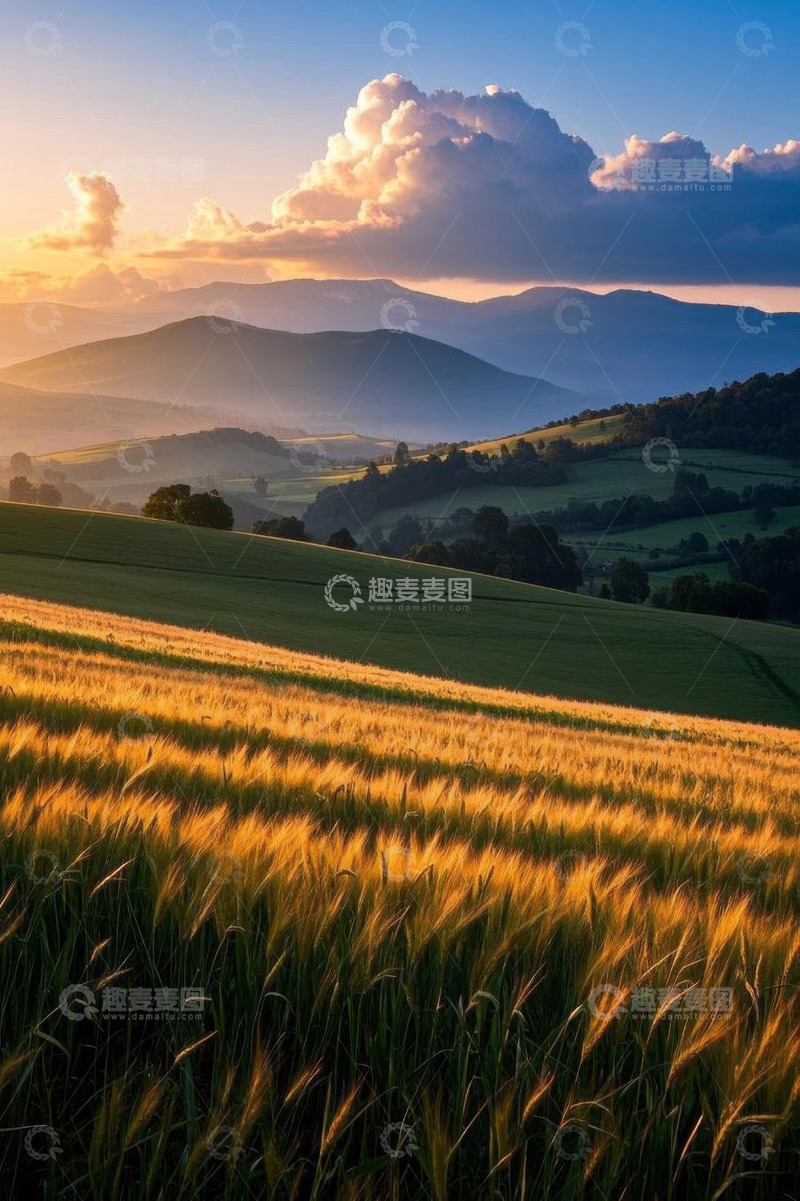 高清大图下载【趣麦麦图】田园麦田与远山日落景观