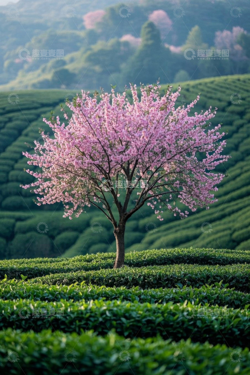 高清大图下载【趣麦麦图】茶园中盛开的樱花树