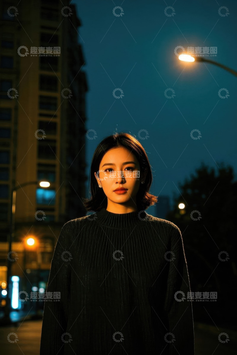 高清大图下载【趣麦麦图】夜晚都市中一位年轻女子
