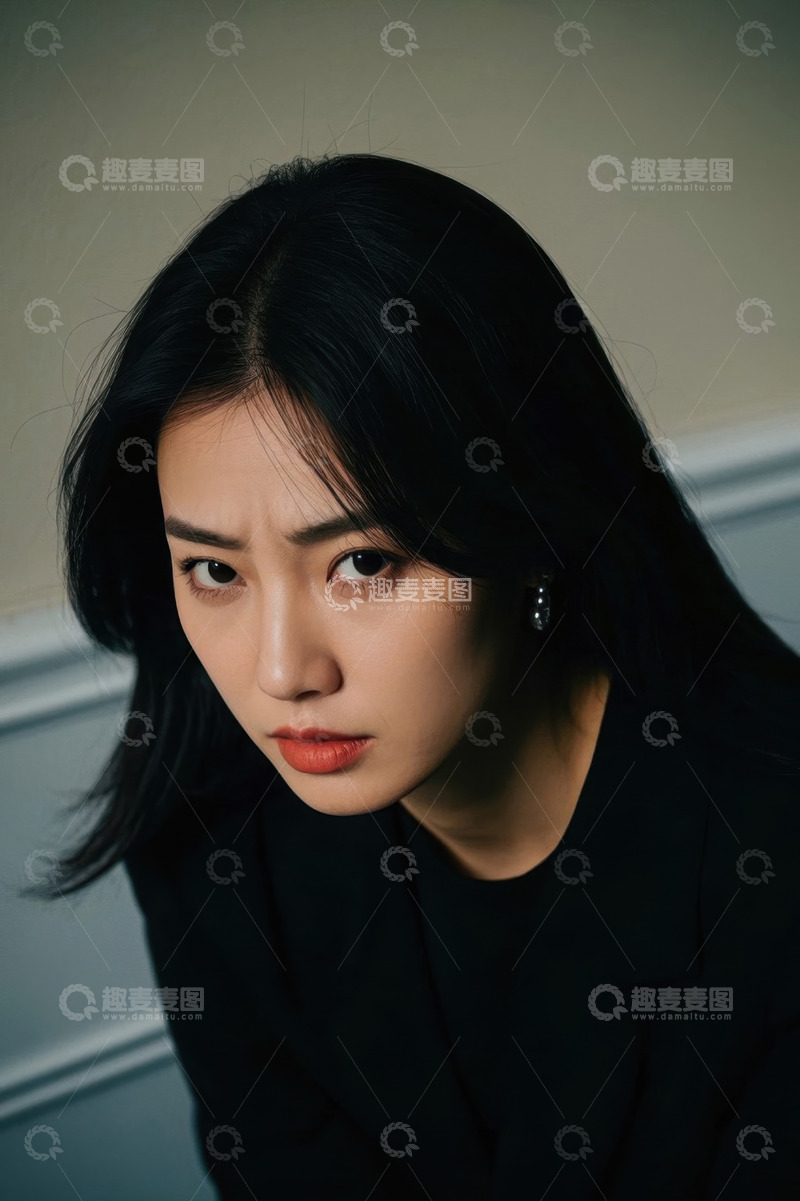 高清大图下载【趣麦麦图】年轻女子肖像，眼神坚定，表情严肃