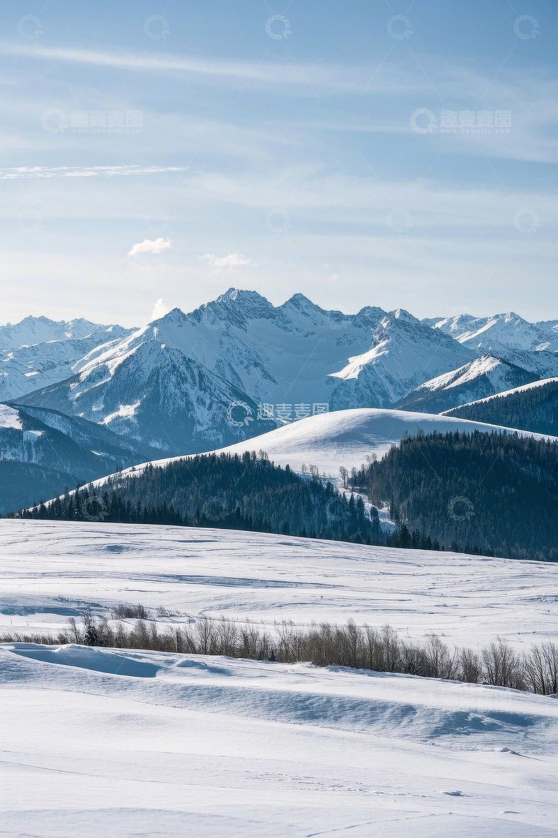 高清大图下载【趣麦麦图】雪山下的冬日原野风景