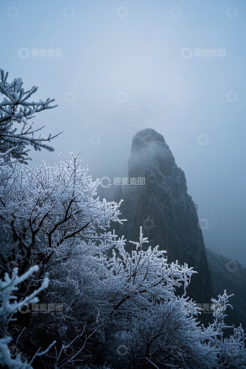 高清大图下载【趣麦麦图】雾中山景与覆雪树木景观