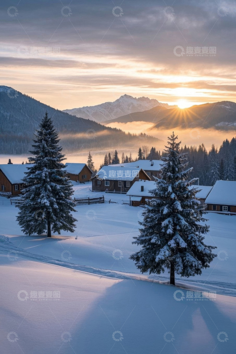 高清大图下载【趣麦麦图】雪中山村日出景象