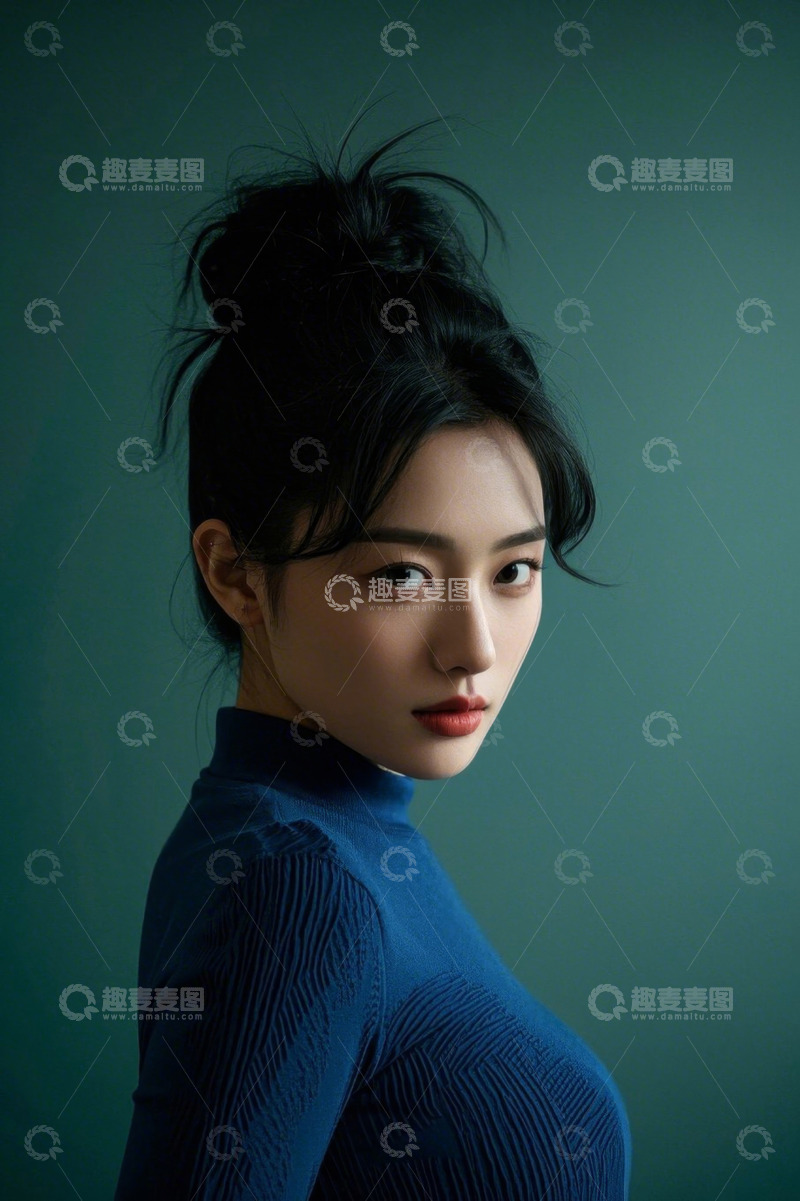 高清大图下载【趣麦麦图】蓝色毛衣女子侧颜照眼神迷离