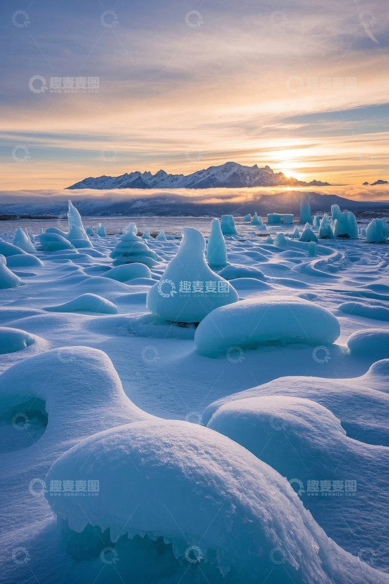 高清大图下载【趣麦麦图】冰雪覆盖景观与远方雪山日落
