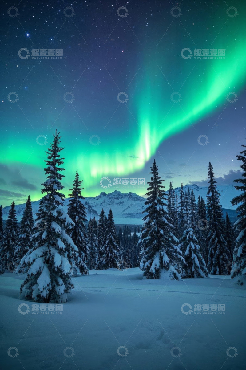 高清大图下载【趣麦麦图】雪夜森林上空的极光景象