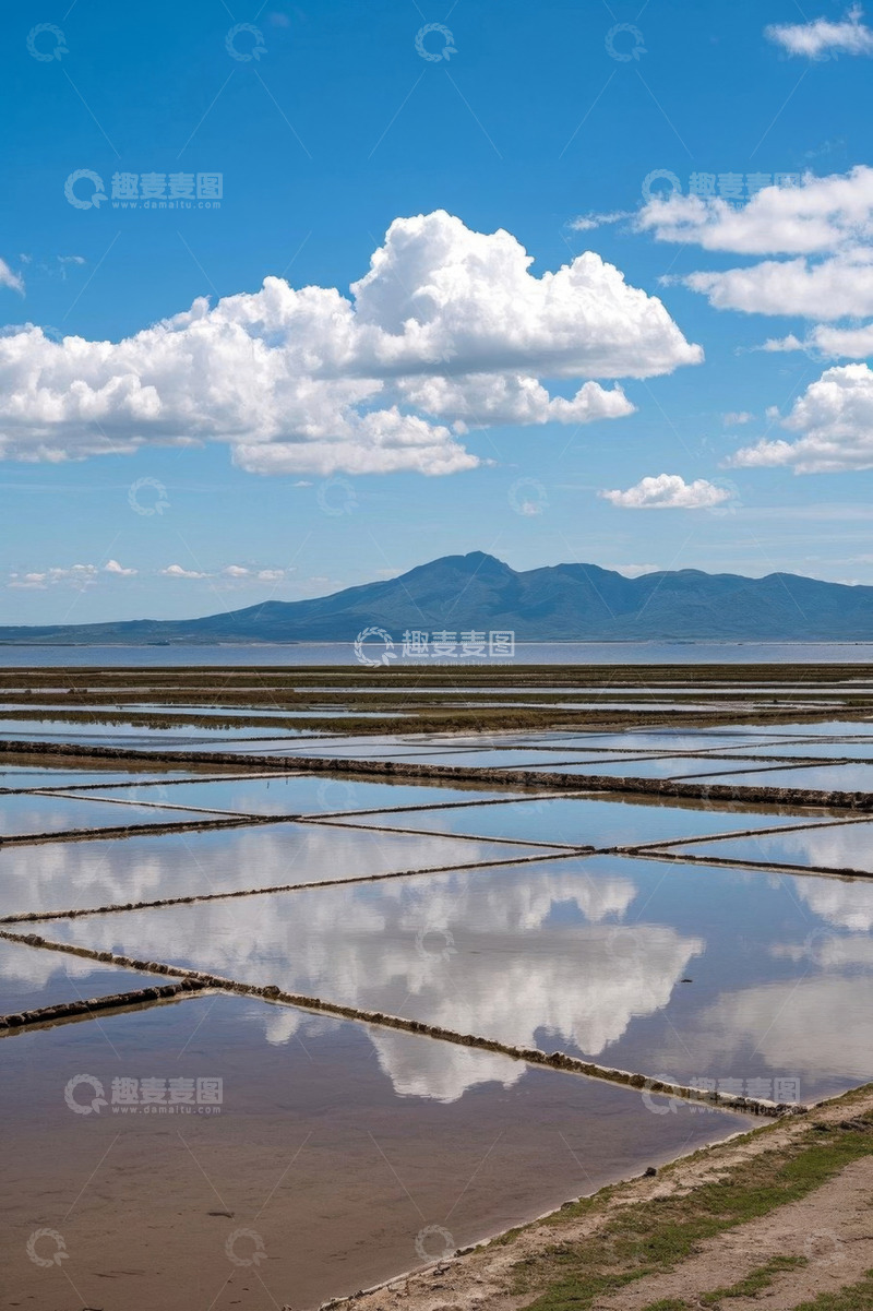 高清大图下载【趣麦麦图】蓝天白云下的水田景观