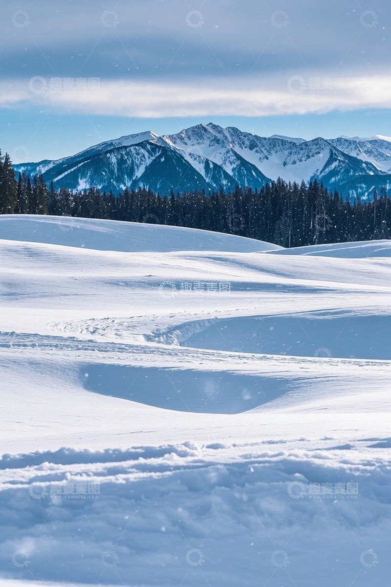 高清大图下载【趣麦麦图】雪山下的雪地森林景观
