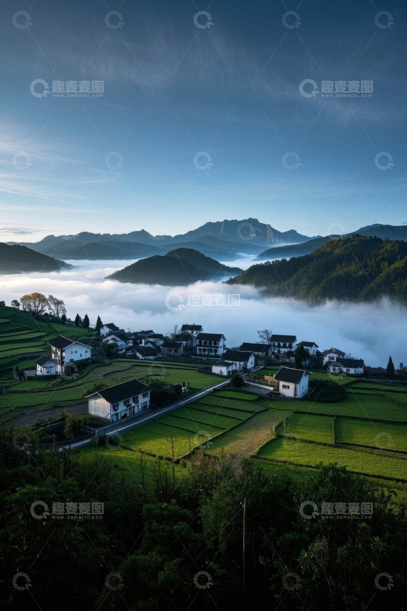 高清大图下载【趣麦麦图】乡村田园云雾缭绕景致