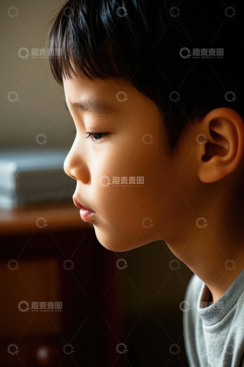 高清大图下载【趣麦麦图】侧脸凝视的亚洲男孩肖像