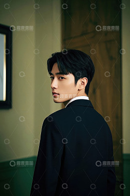 西装革履回眸的年轻男子