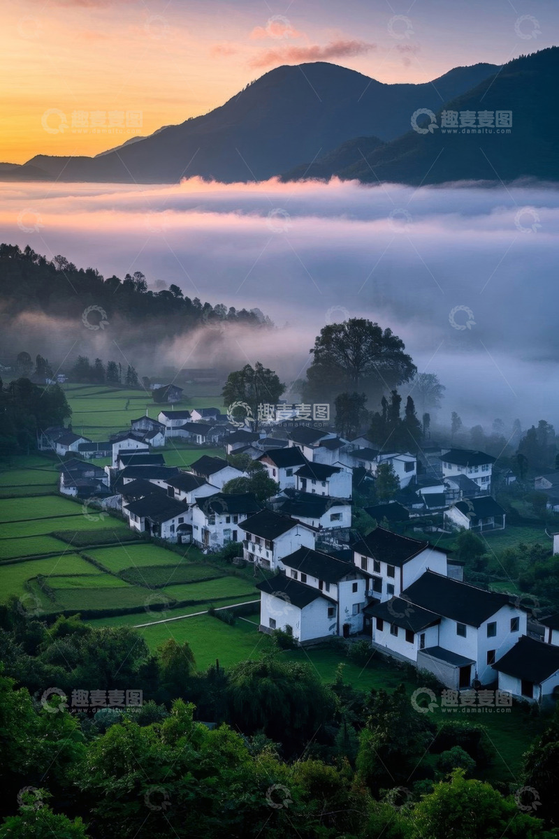高清大图下载【趣麦麦图】山村晨景田园风光