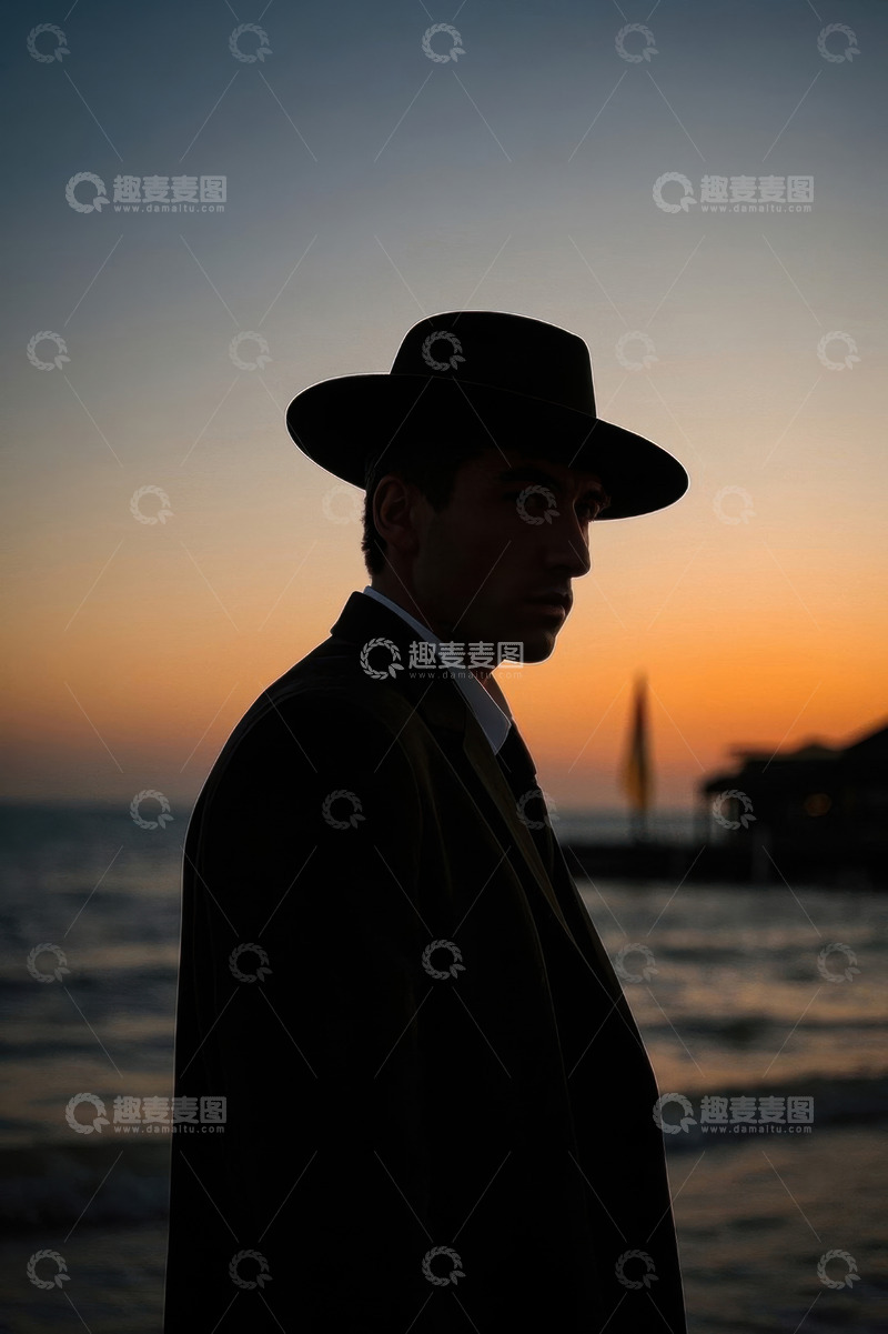 高清大图下载【趣麦麦图】傍晚海边男士剪影侧影