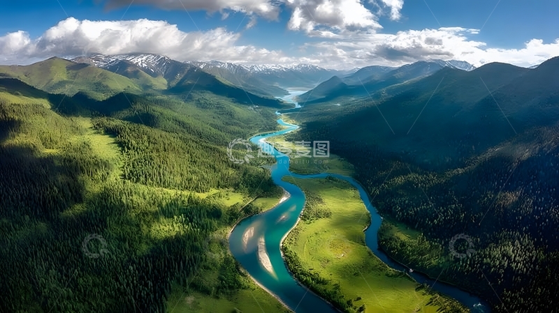 高清大图下载【趣麦麦图】蜿蜒河流绿意山谷航拍图