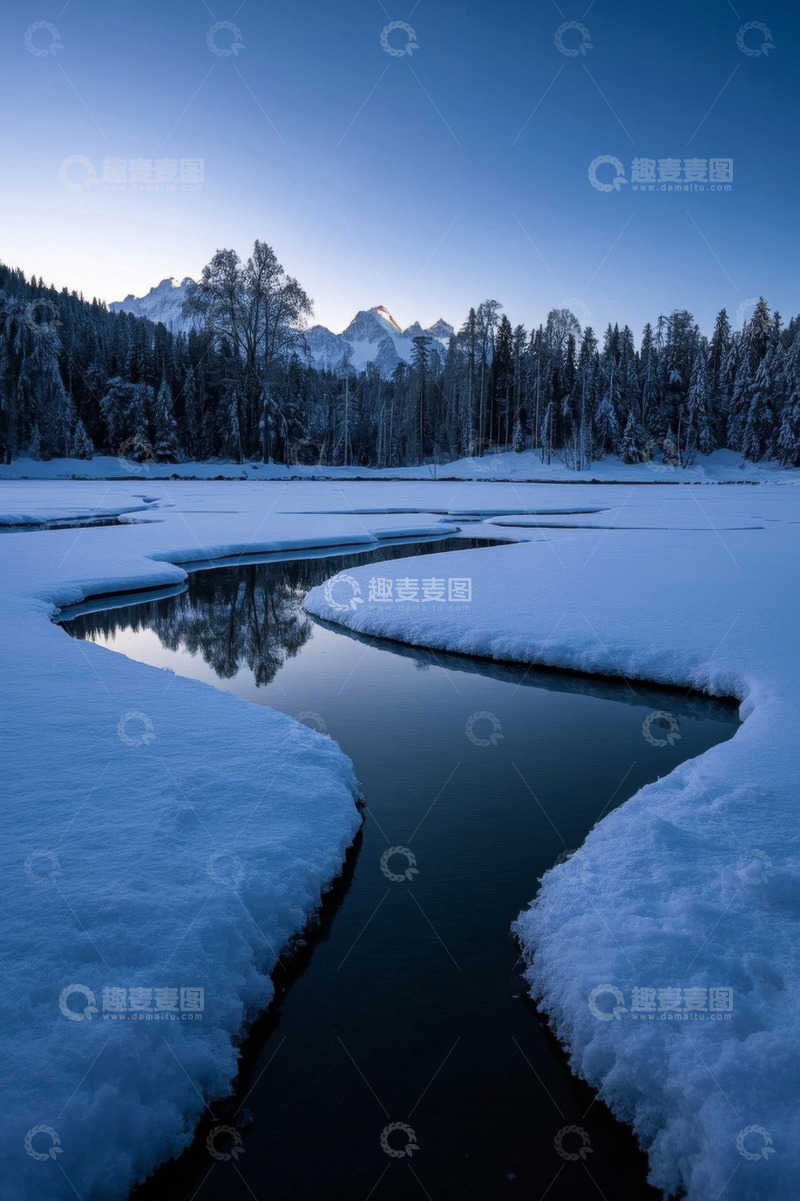 高清大图下载【趣麦麦图】冬日雪景下的河流与森林