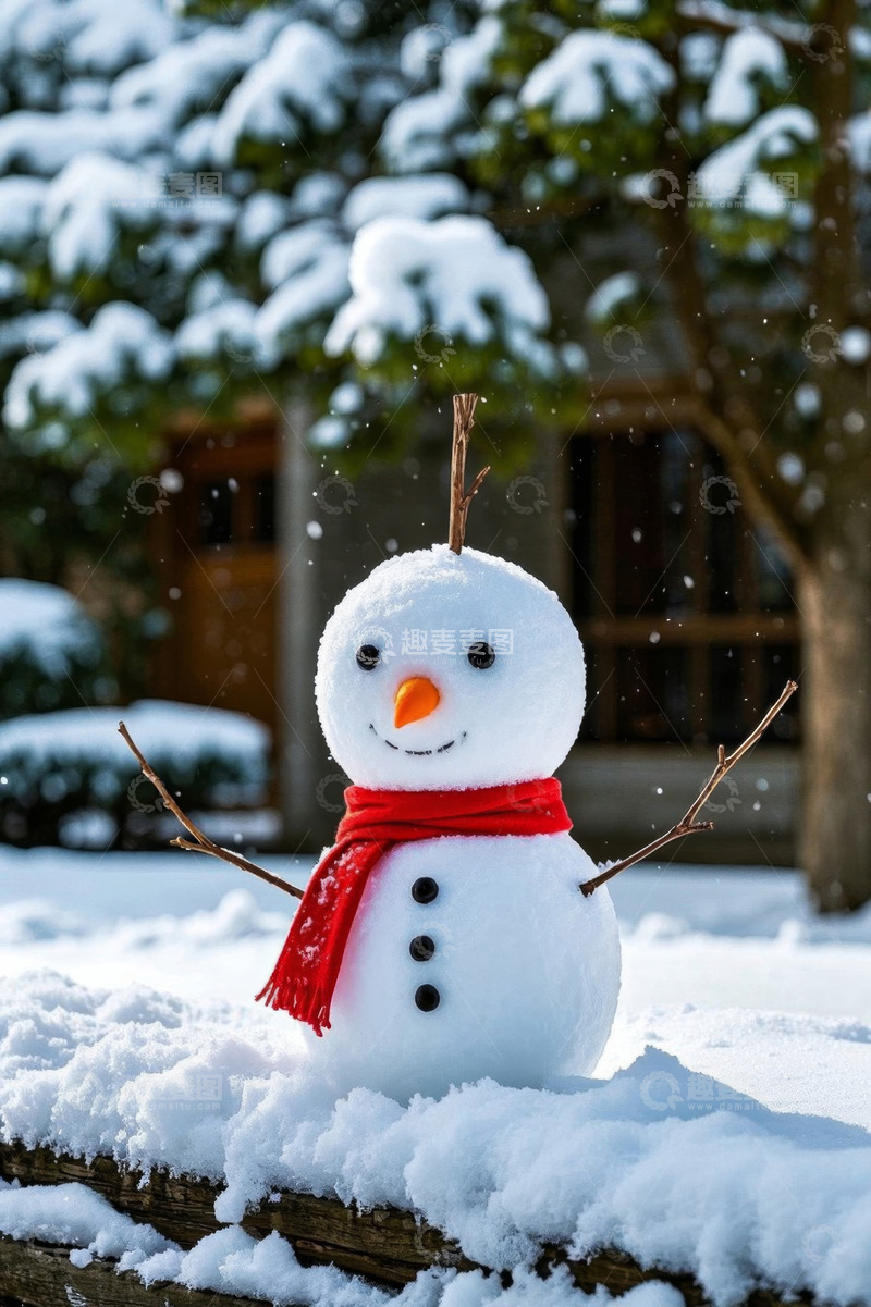 高清大图下载【趣麦麦图】戴红围巾的可爱雪人雪景