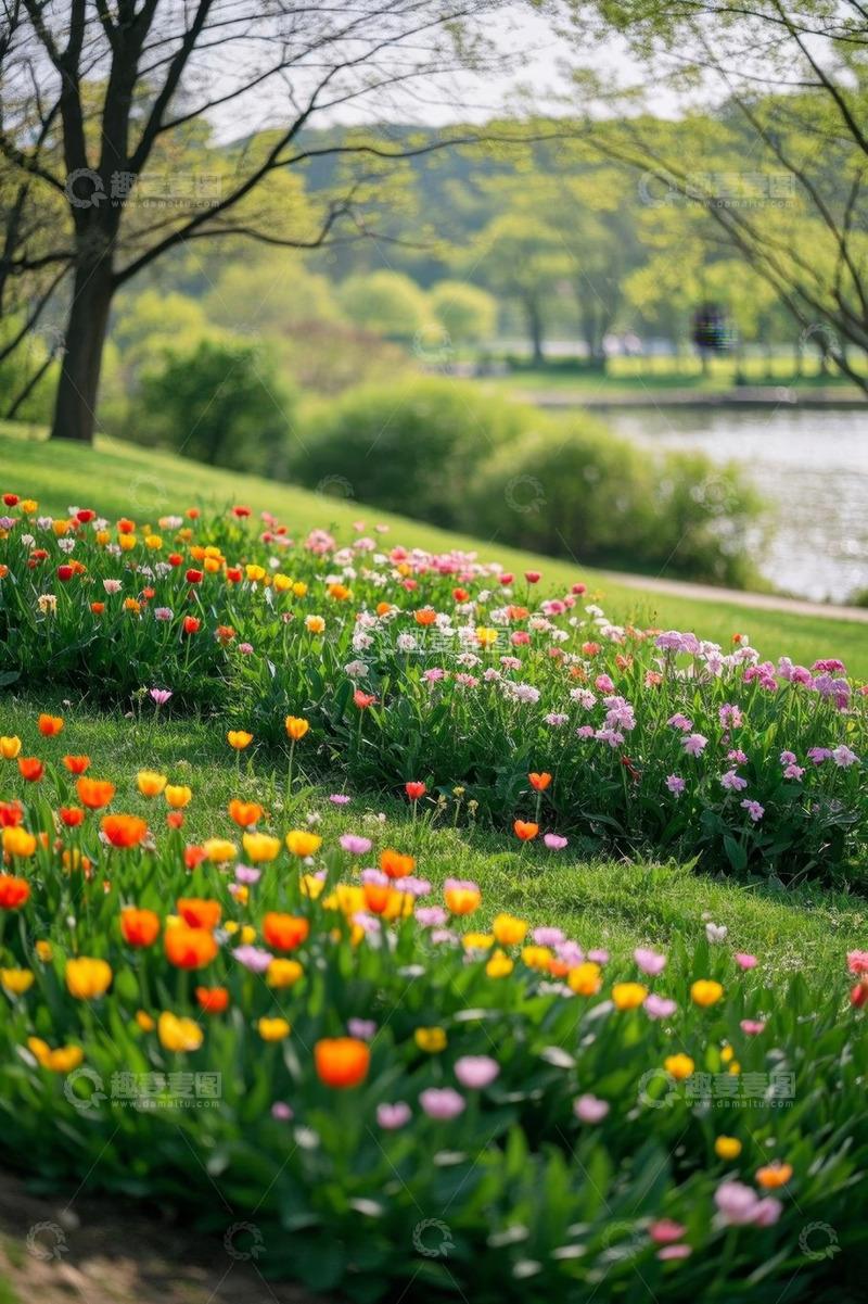 高清大图下载【趣麦麦图】湖边盛开的多彩郁金香花丛